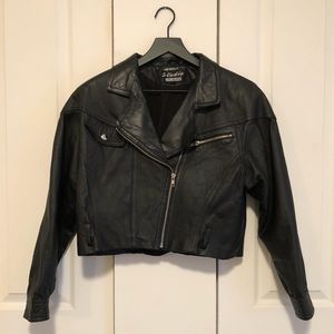 Vintage black 80s 90s leather jacket motto cropped